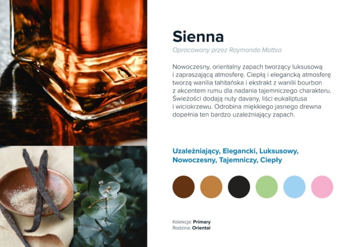 Nuty zapachowe Sienna: nuty ziemne, zioła, ciepłe drewno. Zapach naturalny i kojący.